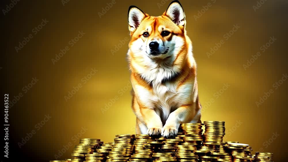 Shiba Inu Coin Guardian: A majestic Shiba Inu poses atop a mountain of shimmering gold coins, embodying the spirit of wealth and prosperity in the digital age. 