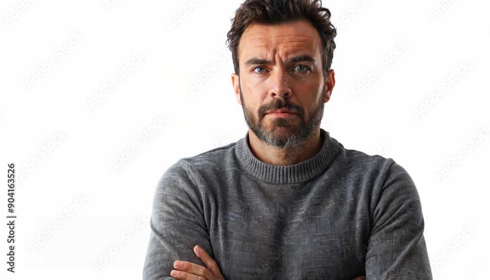 Medium shot of a man appearing defiant, chin raised, isolated on white Medium shot of a man appearing defiant, chin raised, isolated on white