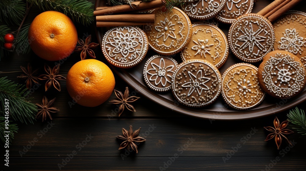 Fresh ginger cookies, spruce branches and citrus fruits on a dark background. Festive mood. Happy New Year concept