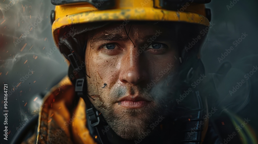 Stylized portrait of a determined firefighter in gear Stylized portrait of a determined firefighter in gear