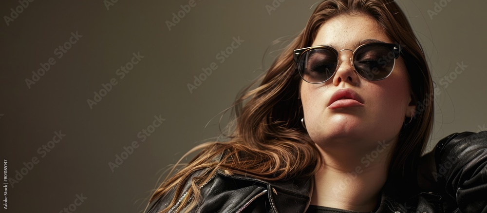 A young beautiful overweight woman at home wearing sunglasses captured in a portrait with copy space image A young beautiful overweight woman at home wearing sunglasses captured in a portrait with copy space image
