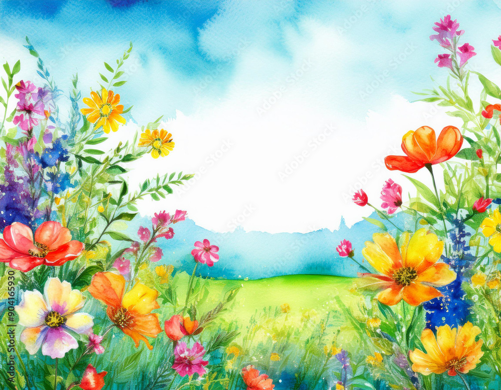 Obraz premium Bright Summer Floral Art Illustration Flowers Background with Copy Space for Advertising Text