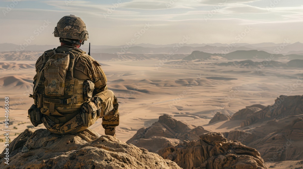 A soldier overlooking a desert landscape from a high rocky outcrop A soldier overlooking a desert landscape from a high rocky outcrop