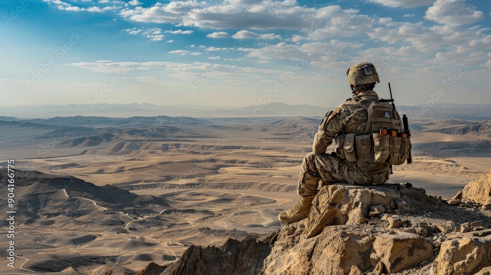 A soldier overlooking a desert landscape from a high rocky outcrop