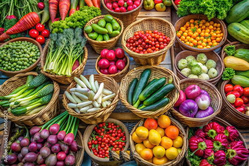 A vibrant array of fresh vegetables displayed in wicker baskets at a market, showcasing natural produce in a colorful and inviting setting.