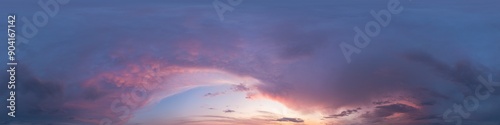 Sunset sky with bright glowing pink Cumulus clouds. Seamless spherical HDR 360 panorama. Full zenith or sky dome in 3D, sky replacement for aerial drone panoramas. Climate and weather change. photo