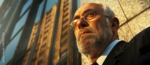 An architect themed image portraying a confident successful and proud middle aged man exuding an air of arrogance in his facial expression and demeanor. Copy space image
