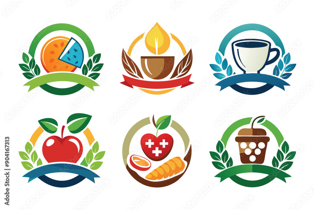 Six Colorful Circular Logos Featuring Food and Drinks with Green Leaves and Ribbons Six Colorful Circular Logos Featuring Food and Drinks with Green Leaves and Ribbons