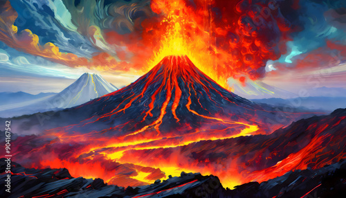 A digital glitch art masterpiece with volcano hot lava and gases on digital art concept, Generative AI.