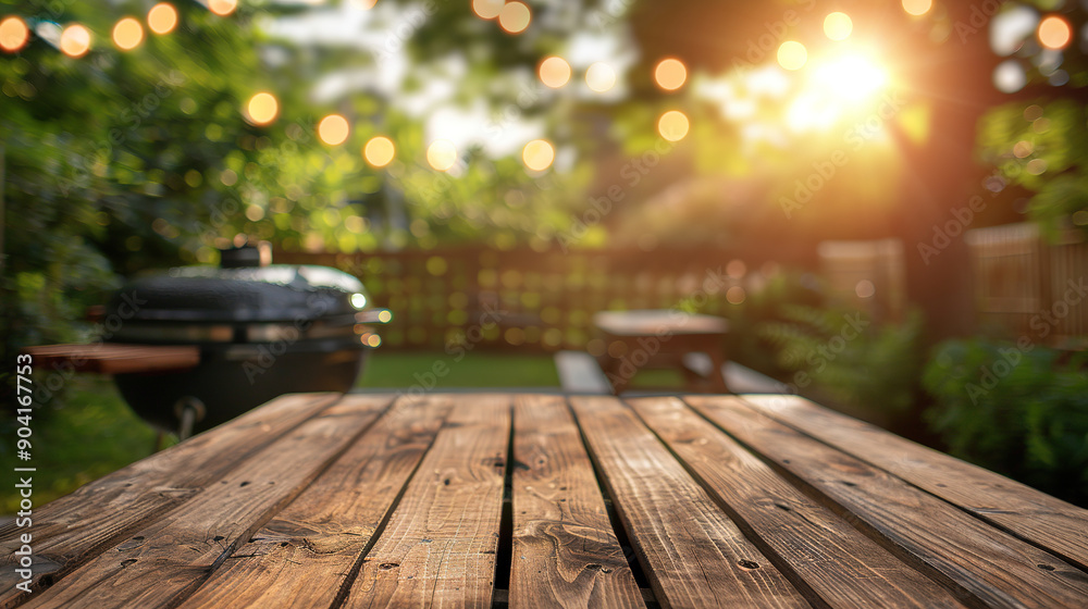 Summer time in backyard garden with grill BBQ, wooden table, blurred background Summer time in backyard garden with grill BBQ, wooden table, blurred background