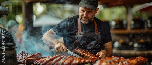 Master Chef Grilling Smoked Brisket and Ribs in Rustic Outdoor Kitchen with Southern BBQ Vibes