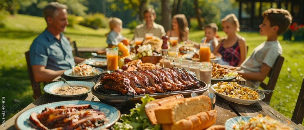 Obraz premium Happy Family Gathering Around a Southern BBQ Feast on a Picnic Table Outdoors