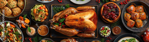 A delicious spread of festive foods including turkey, vegetables, sides, and desserts perfect for holiday celebrations.