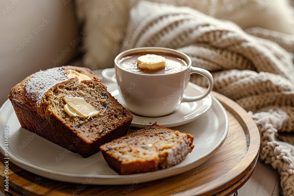 Sliced banana bread with a dollop of butter and a hot cup of cocoa Sliced banana bread with a dollop of butter and a hot cup of cocoa
