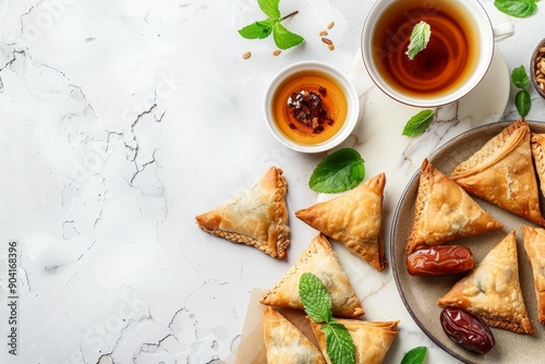 Middle Eastern food concept traditional spinach hand pies dates and tea on white stone photo