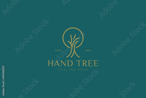 Hand Tree Logo Success Abstract Genesis Concept Elegant Nature Design Premium Branding Template