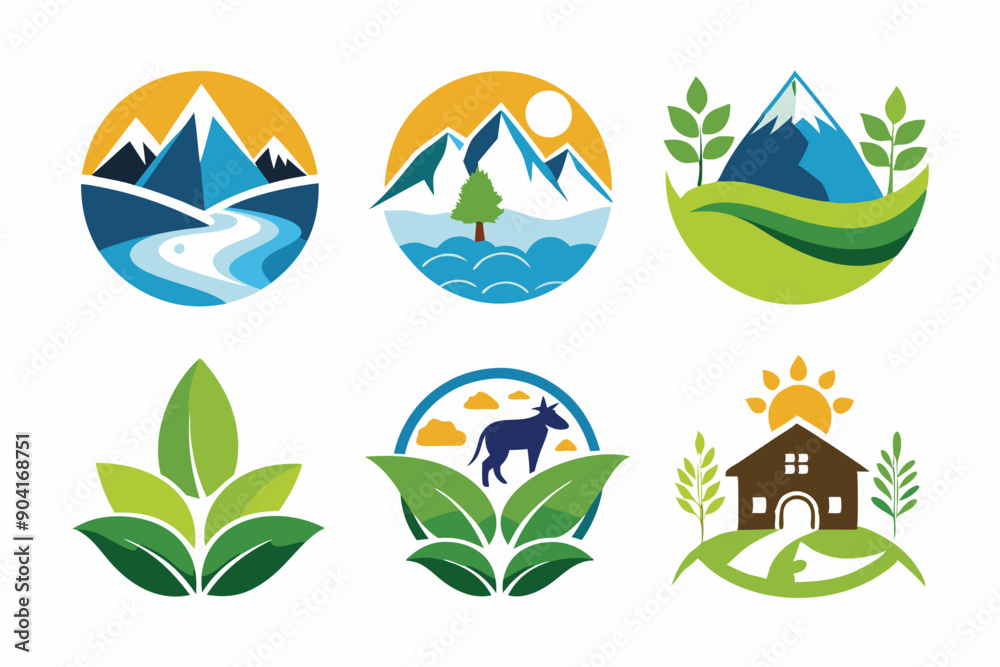 Colorful Circular Logos Featuring Nature Elements Colorful Circular Logos Featuring Nature Elements