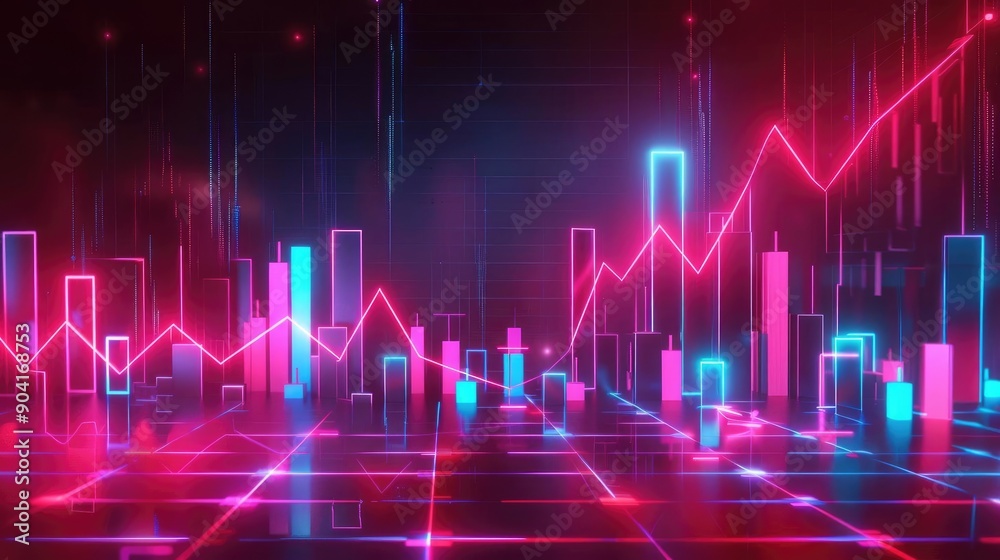Holographic price fall, virtual business decline, futuristic economic downturn, neon design Holographic price fall, virtual business decline, futuristic economic downturn, neon design