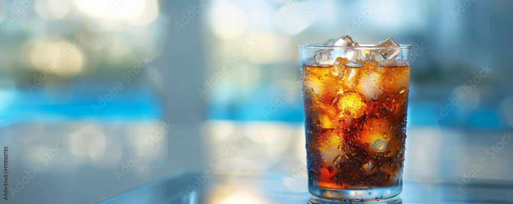 An iced drink on a sleek, reflective surface, allowing for significant text space. An iced drink on a sleek, reflective surface, allowing for significant text space.
