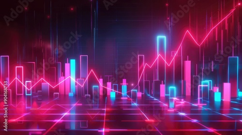 Holographic price fall, virtual business decline, futuristic economic downturn, neon design