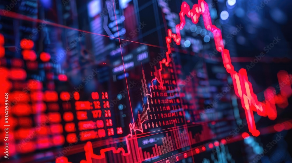 Holographic stock collapse, virtual business impact, futuristic price decline, dark visualization Holographic stock collapse, virtual business impact, futuristic price decline, dark visualization