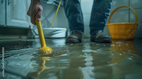 Plumber Clearing Clogged Drain with Plunger and Snake in Bathroom photo