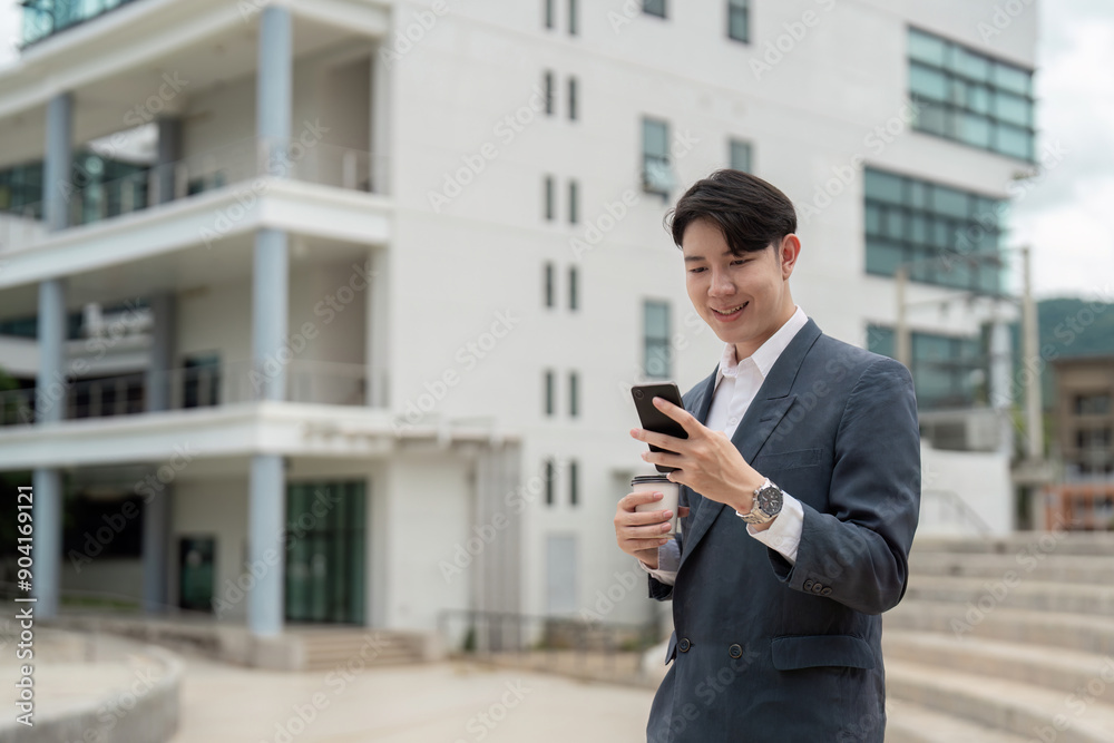 Young Professional Man in Suit Using Smartphone and Holding Coffee Cup Outside Modern Office Building Young Professional Man in Suit Using Smartphone and Holding Coffee Cup Outside Modern Office Building