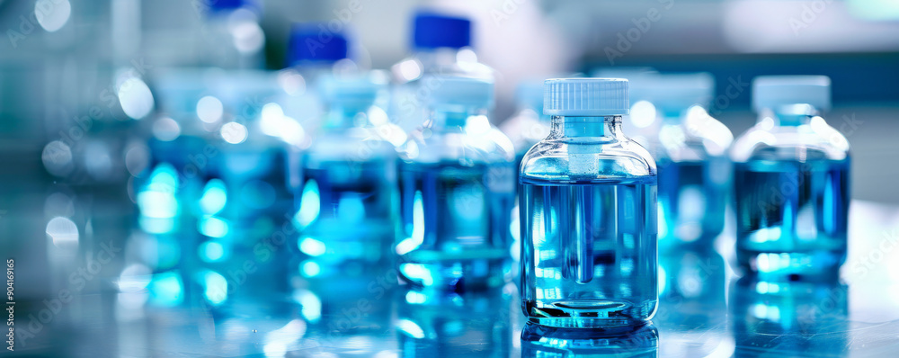 A collection of blue liquid-filled bottles on a polished medical surface, reflecting the clinical cleanliness of the environment. A collection of blue liquid-filled bottles on a polished medical surface, reflecting the clinical cleanliness of the environment.