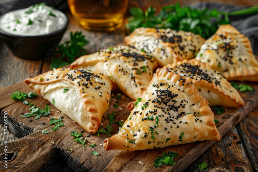 Samosa with white cheese and black sesame seeds on wooden board Samosa with white cheese and black sesame seeds on wooden board