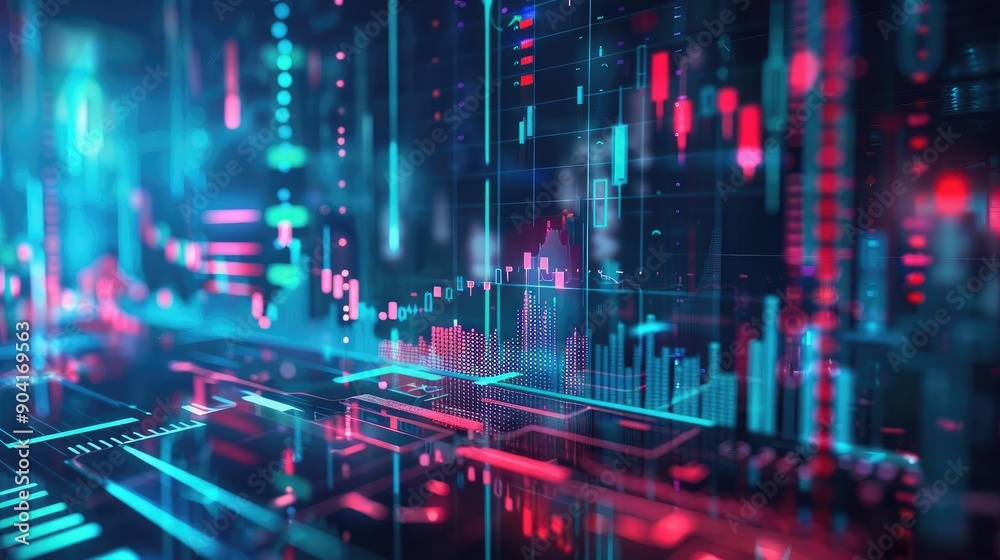 Obraz premium Price drop, holographic business decline, futuristic financial impact, dark tech background