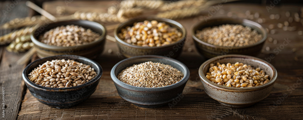 A collection of barley groats in small ceramic bowls, placed on a wooden table to highlight their different textures. A collection of barley groats in small ceramic bowls, placed on a wooden table to highlight their different textures.