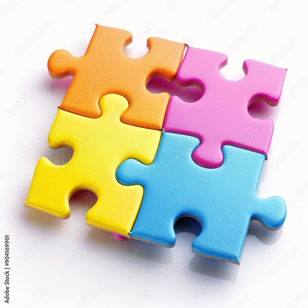 Fototapeta premium medium shot of four pieces of puzzle, isolated on a white background, bright and vivid tonality 