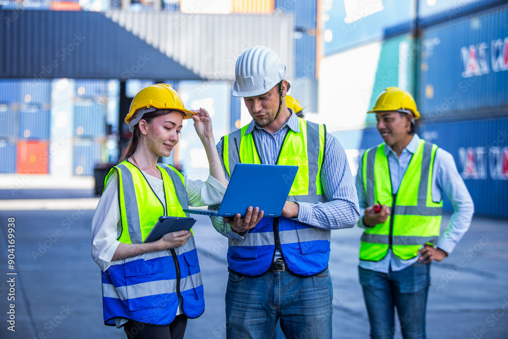 Team engineer technician and foreman and partner wearing safety helmet in cargo container shipping area, worker successful, container background. Team engineer technician and foreman and partner wearing safety helmet in cargo container shipping area, worker successful, container background.
