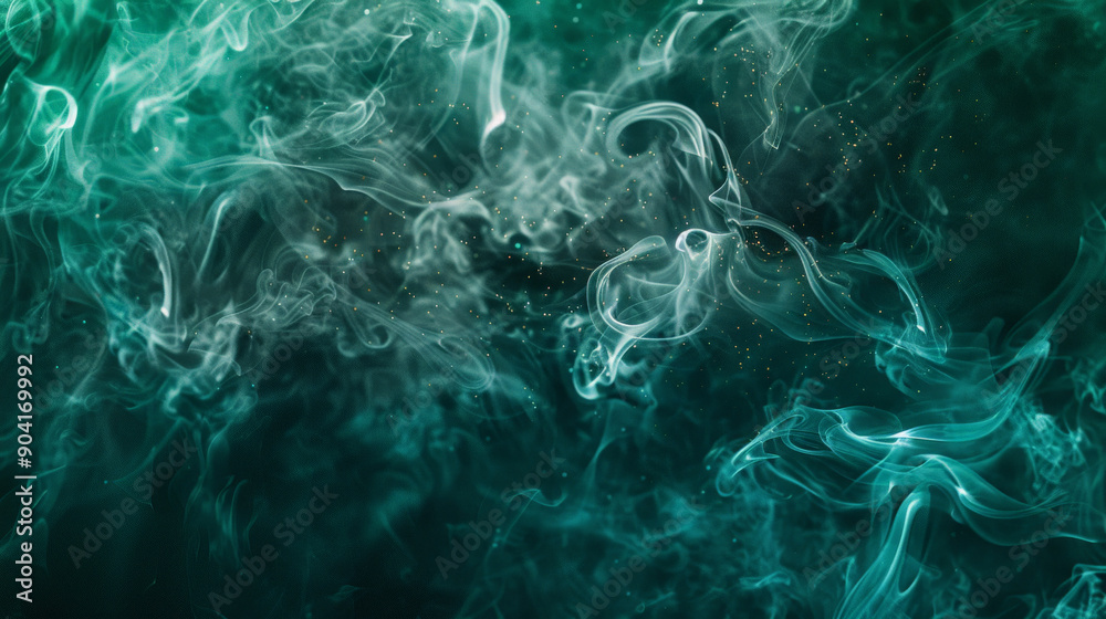 Obraz premium An abstract background with sparkling elements and luxurious smoke, combining vibrant emerald greens and deep blacks. The smoke should swirl gracefully, adding a touch of mystery and sophistication.