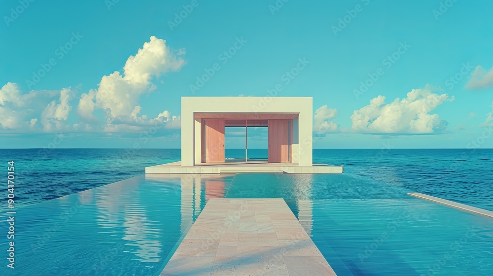 Fototapeta premium A white building with a large window overlooking a pool and ocean.