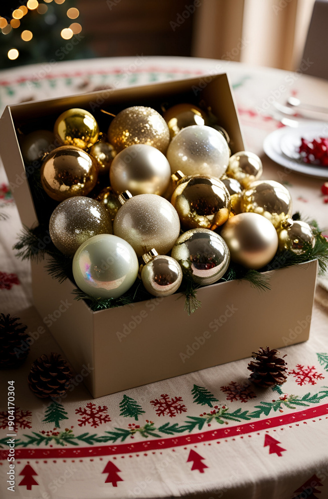 open box full of hygge Christmas baubles, glitter and gold colors, on a table with tablecloth with hygge Christmas pattern, cozy open box full of hygge Christmas baubles, glitter and gold colors, on a table with tablecloth with hygge Christmas pattern, cozy