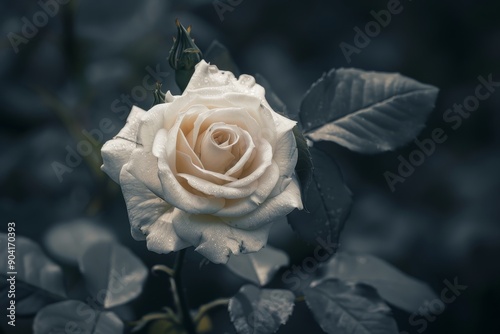 Top view photo of a lovely white rose on dark background