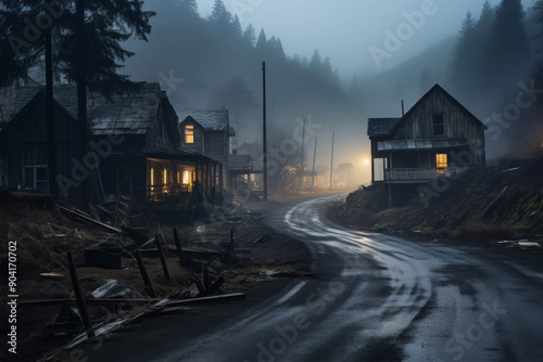 Ghostly Whispers: A solitary road winds through an abandoned mining town, shrouded in eerie fog and the remnants of a bygone era. 