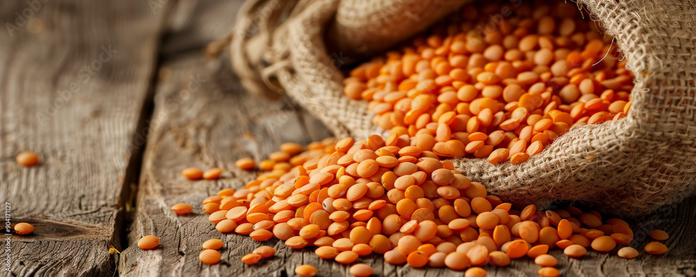 A close-up of red lentils in a burlap sack, with some spilling out onto a wooden table to emphasize their vibrant color.