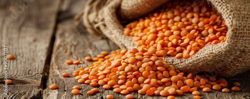 Obraz na płótnie A close-up of red lentils in a burlap sack, with some spilling out onto a wooden table to emphasize their vibrant color. w salonie
