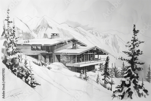 Pencil drawing of a mid century modern house or ski lodge concept in the mountains - modernist mountain lodge - blueprint photo