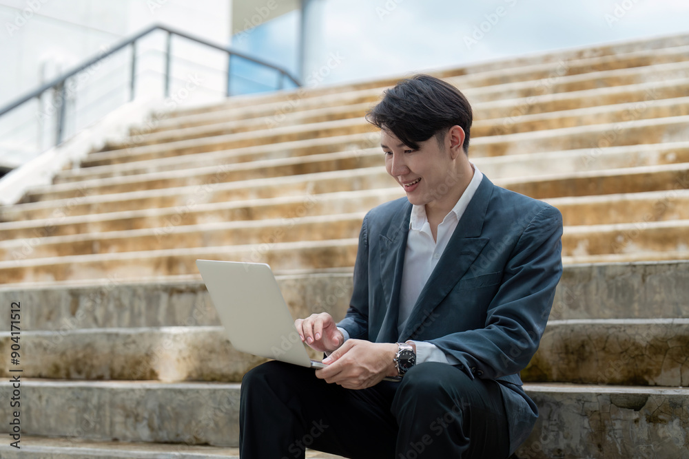 Young Professional Working on Laptop Outdoors in Modern Business Environment Young Professional Working on Laptop Outdoors in Modern Business Environment