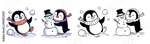 Cute cartoon Penguins enjoying winter activities. Penguins creating slowballs. Snowman, Generative AI