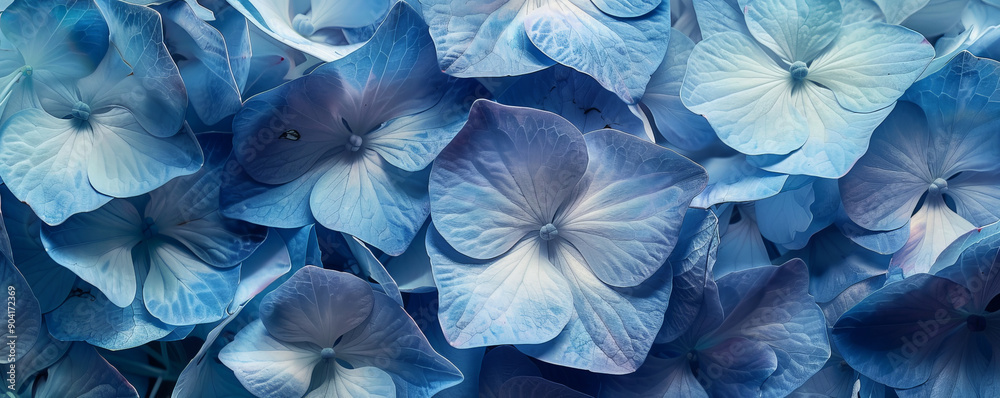 Detailed close-up of blue hydrangea petals, overlapping on a floral backdrop, emphasizing their subtle gradient and soft texture. Detailed close-up of blue hydrangea petals, overlapping on a floral backdrop, emphasizing their subtle gradient and soft texture.