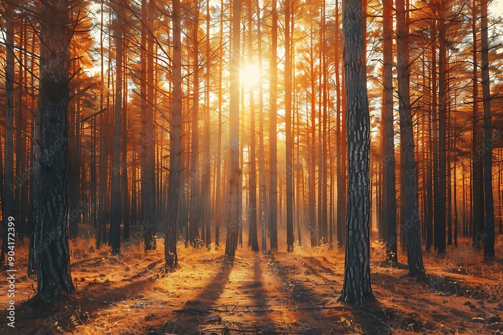 Obraz premium Autumn Nature Scene: Sunlight Through Trees, Pine Forest, Fall Colors