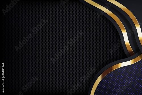 Abstract black and gold curved design with hexagonal pattern.