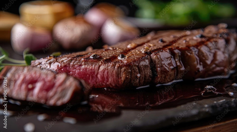 A close-up of perfectly cooked steak on a dark plate, showcasing its juicy texture and rich flavors, perfect for food lovers. A close-up of perfectly cooked steak on a dark plate, showcasing its juicy texture and rich flavors, perfect for food lovers.