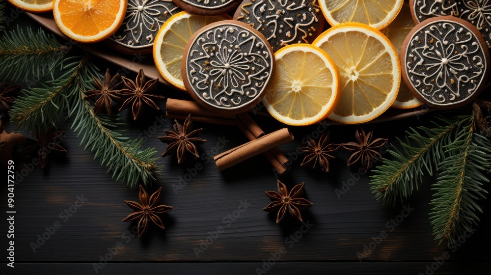 Fresh ginger cookies, spruce branches and citrus fruits on a dark background. Festive mood. Happy New Year concept Fresh ginger cookies, spruce branches and citrus fruits on a dark background. Festive mood. Happy New Year concept