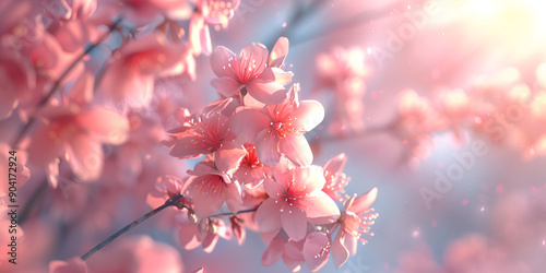  Cherry blossom background flying flowers on pink and blue background , A Pink Flower With The Sun Behind It Background, Delicate cherry blossoms drifting in the spring background and wallpaper 