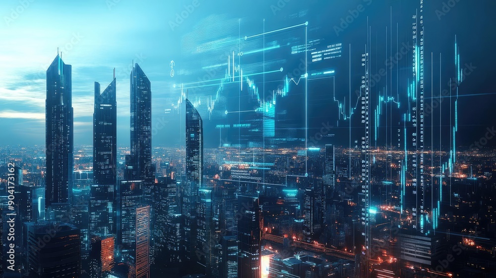 Futuristic city skyline with declining stock graphs, futuristic business decline, economic downturn in digital age